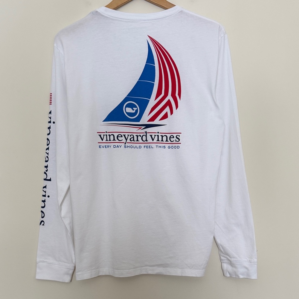Vineyard Vines White and Blue Long Sleeve Pocket Graphic Tee